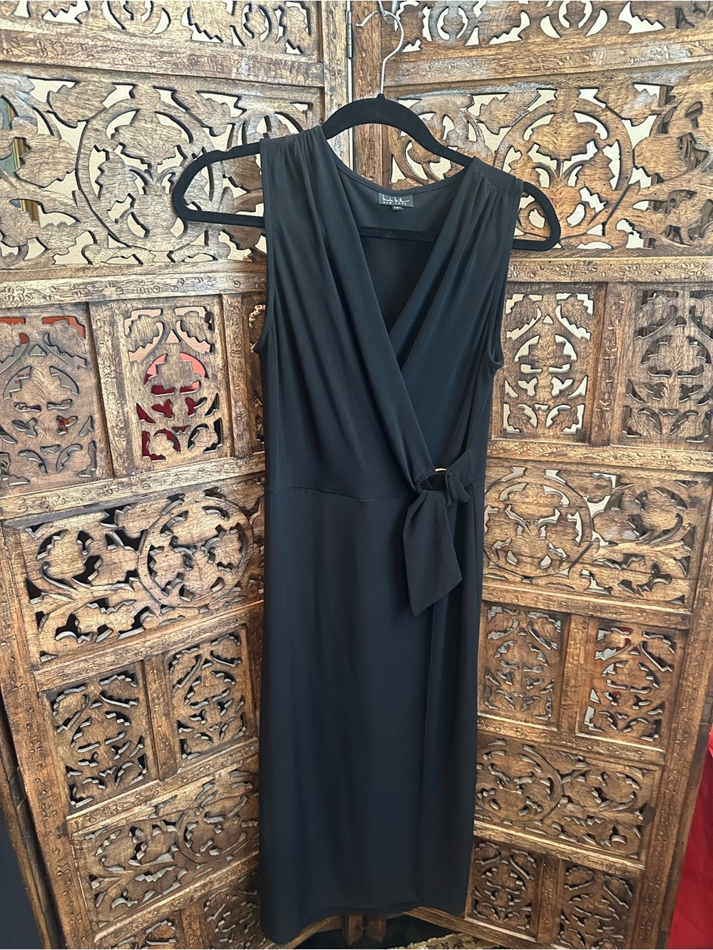 Nicole Miller Black Sleeveless Faux-Wrap Midi Dress with Side Tie